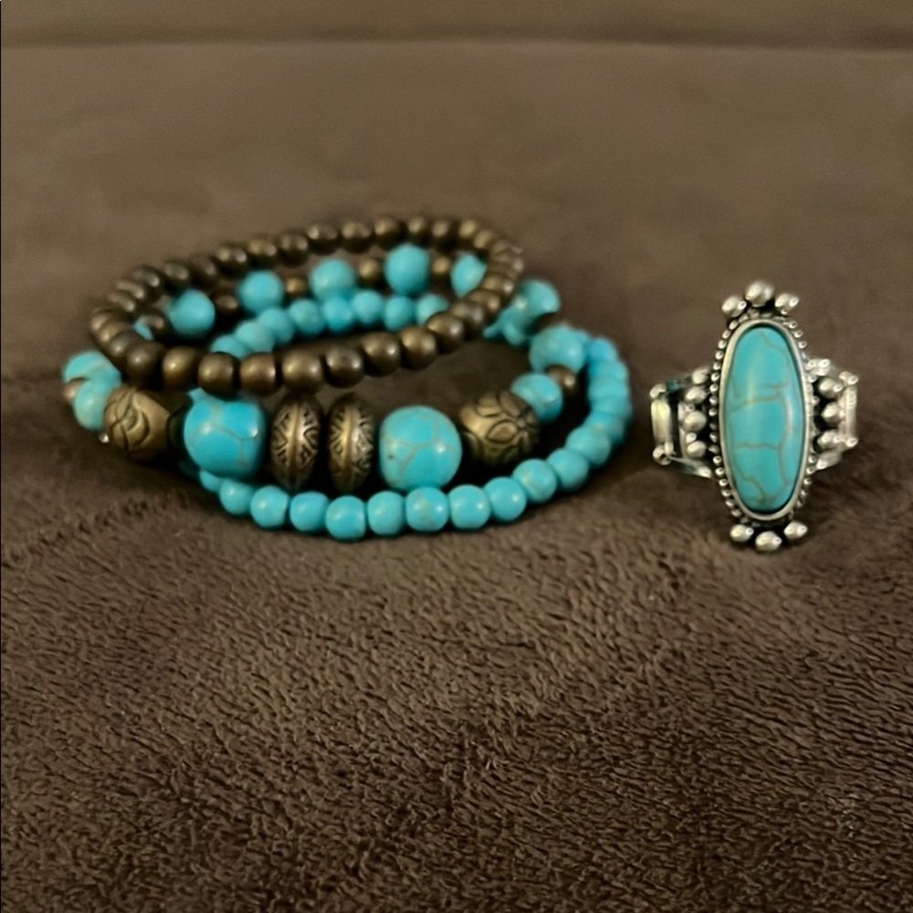 Turquoise and Brown Beaded Bracelet Set with Silver Ring